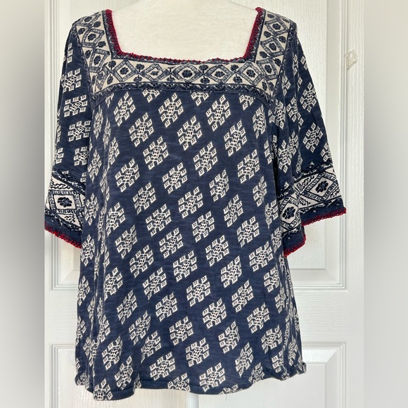 Lucky Brand Women’s Navy & White Short Sleeve Boho Hippie Top Size Medium - Picture 1 of 10